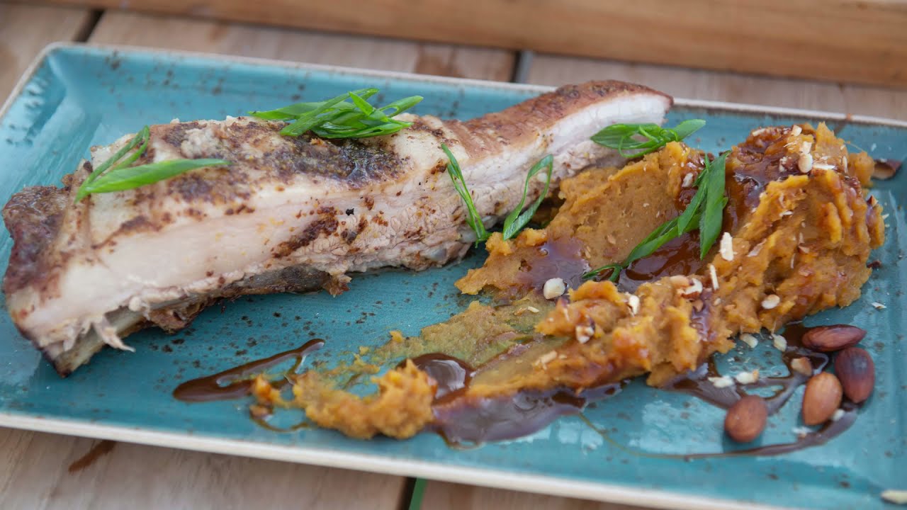 GLAZED PORK SPARE RIBS WITH TOFFEE SWEET POTATO PUREE