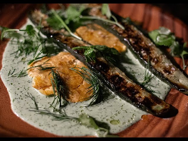 GRILLED CUCUMBERS WITH FRIED PLANTAINS AND HERBY SAUCE