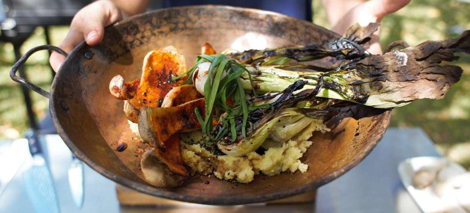 GRILLED KING OYSTER MUSHROOMS, POK CHOI AND SMASHED BABY POTATOES
