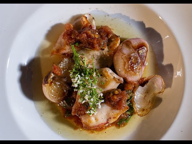 GRILLED CUTTLEFISH, HOMEMADE ROASTED ORGANIC TOMATO SAUCE, BROWN SHALLOTS CONFIT AND BASIL FLOWER