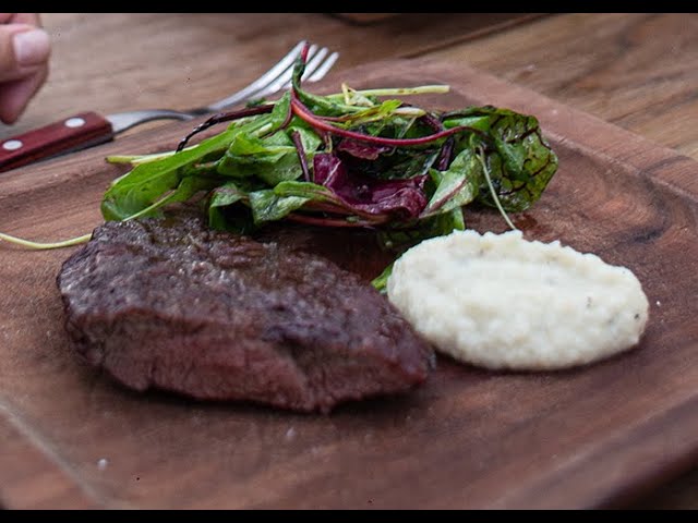 SMOKED FLAT IRON STEAKS, CAULIFLOWER PUREE, RED AND GREEN LEAVES