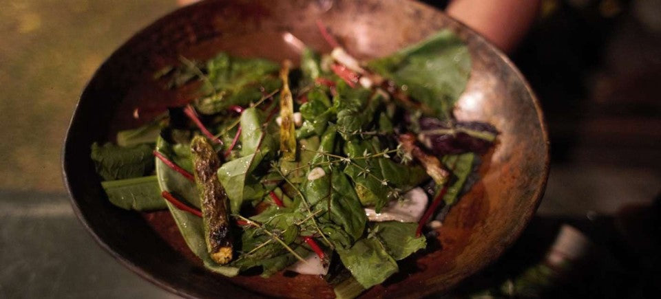 GRILLED BABY ZUCCHINIS AND LEEKS WITH SMOKED HAKUSAI, RED AND GREEN CHARD, AND OLIVE OIL VINAIGRETTE