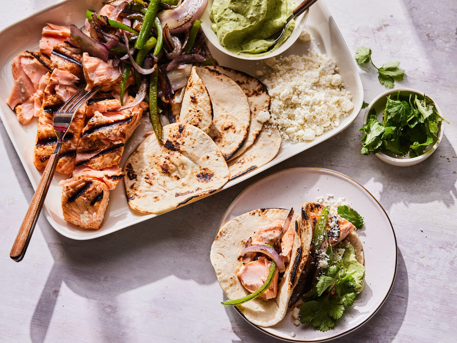 Grilled Salmon Tacos with Avocado Crema