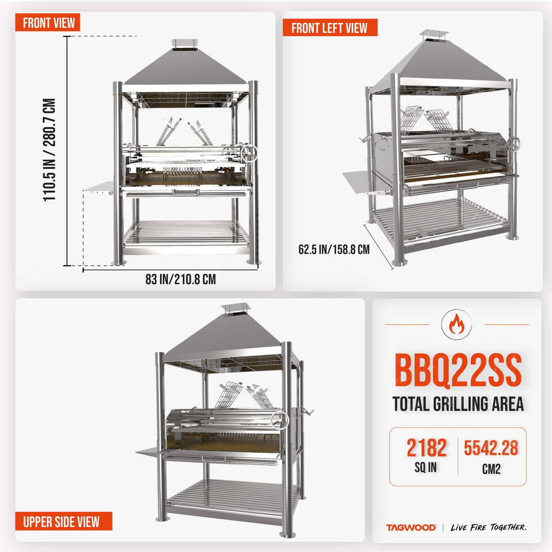Tagwood BBQ22SS XL Argentine Charcoal & Woodfired Parrilla Grill