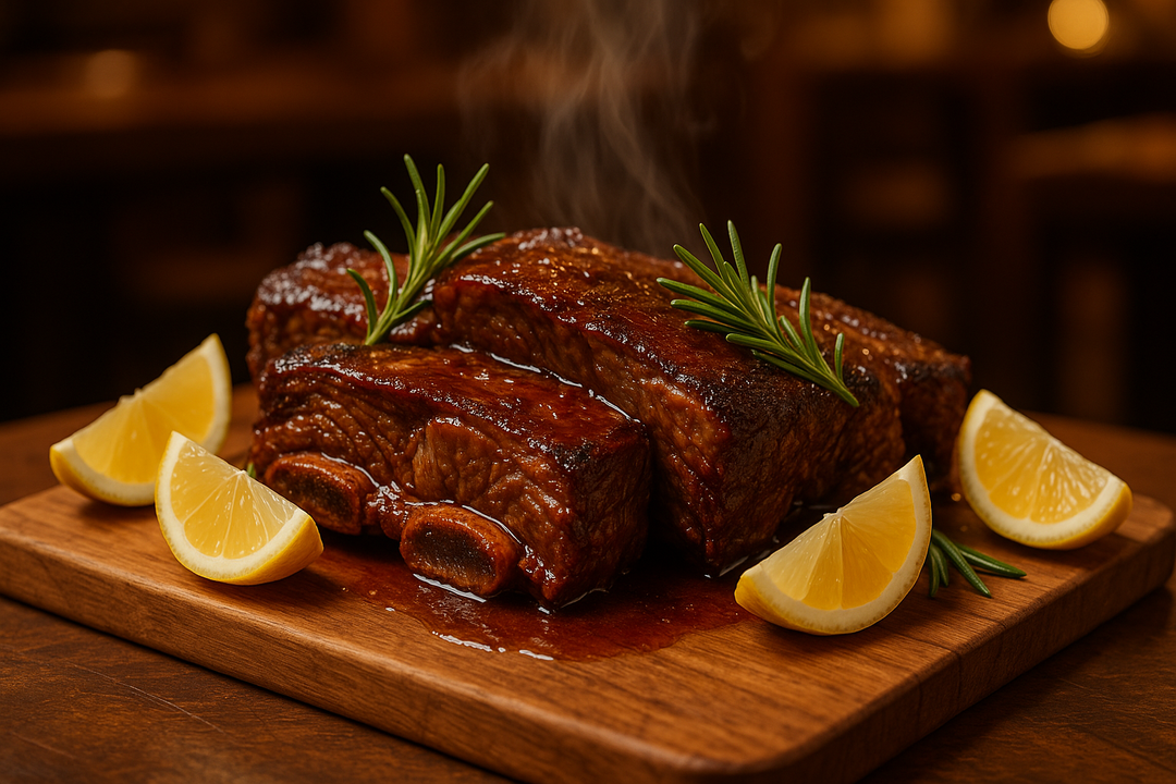 Asado de Tira al Horno serving juicy with rosemary and lemon 